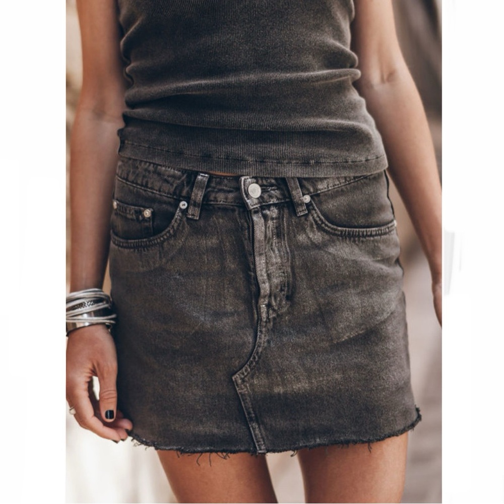 Carbon Grey Mineral Wash Distressed Denim Mini Skirt
